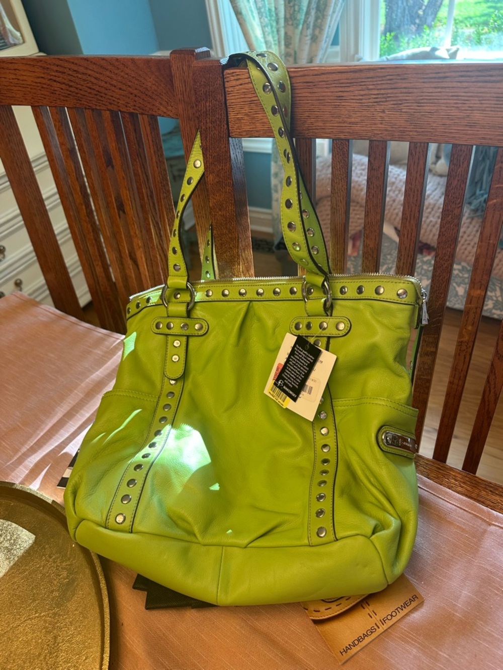 B Makowsky Studded Aloe Lime Green Leather Tote Bag Malibu Vintage NWT